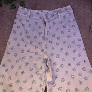 Zara Blue and White Flare Wide Leg Jeans with Floral Pattern